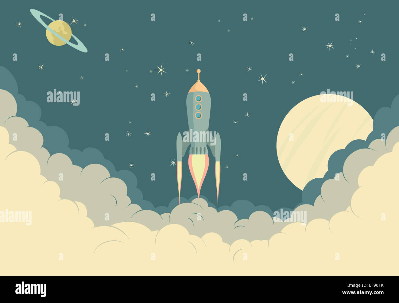 Illustration of Spaceship taking off or landing - Landing Page Stock Photo