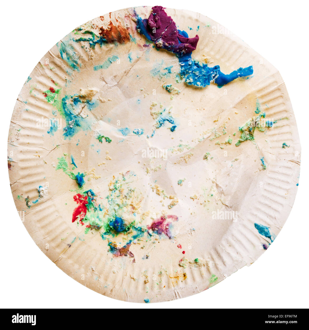 Disposable crumpled paper plate with cake crumbs isolated on white background. End of birthday party concept. Stock Photo