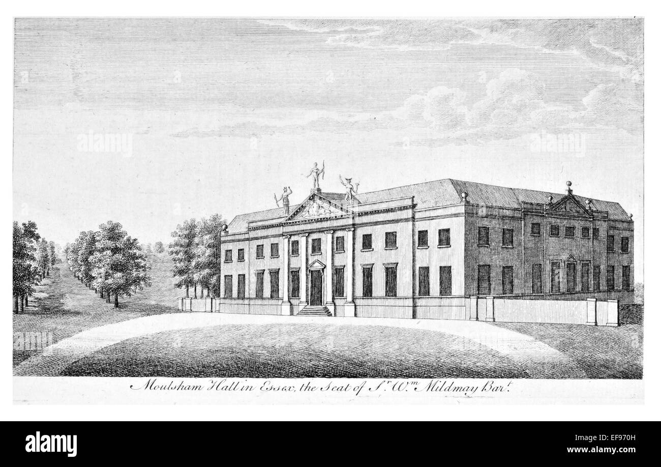 Copper engraving 1776 Landscape Beauties England Most Elegant magnificent  public Edifices. Moulsham Hall Essex seat S W Mildmay Stock Photo