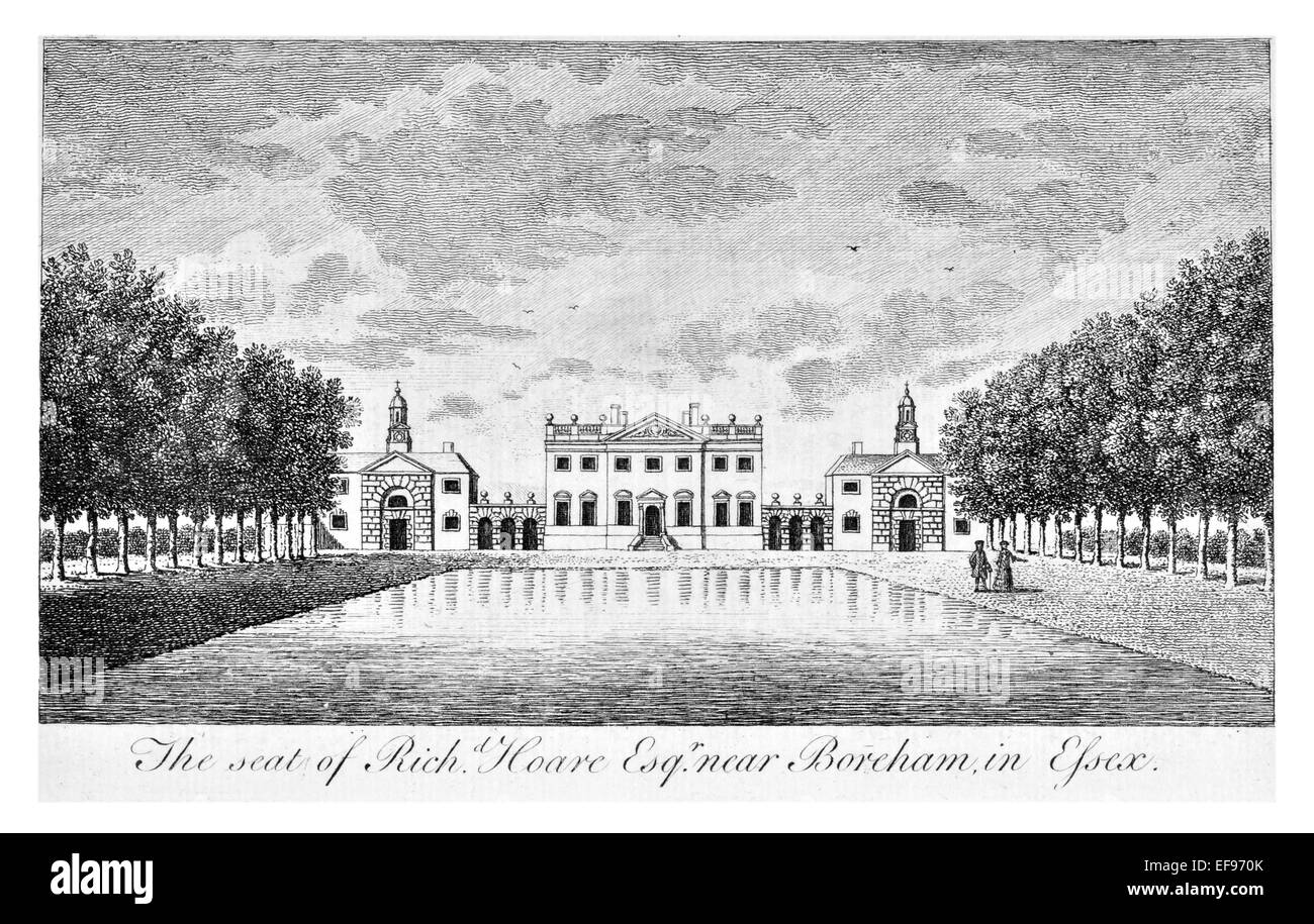 Copper engraving 1776 Landscape Beauties England Most Elegant magnificent  public Edifices. Seat Richard Hoare esq Borcham Essex Stock Photo