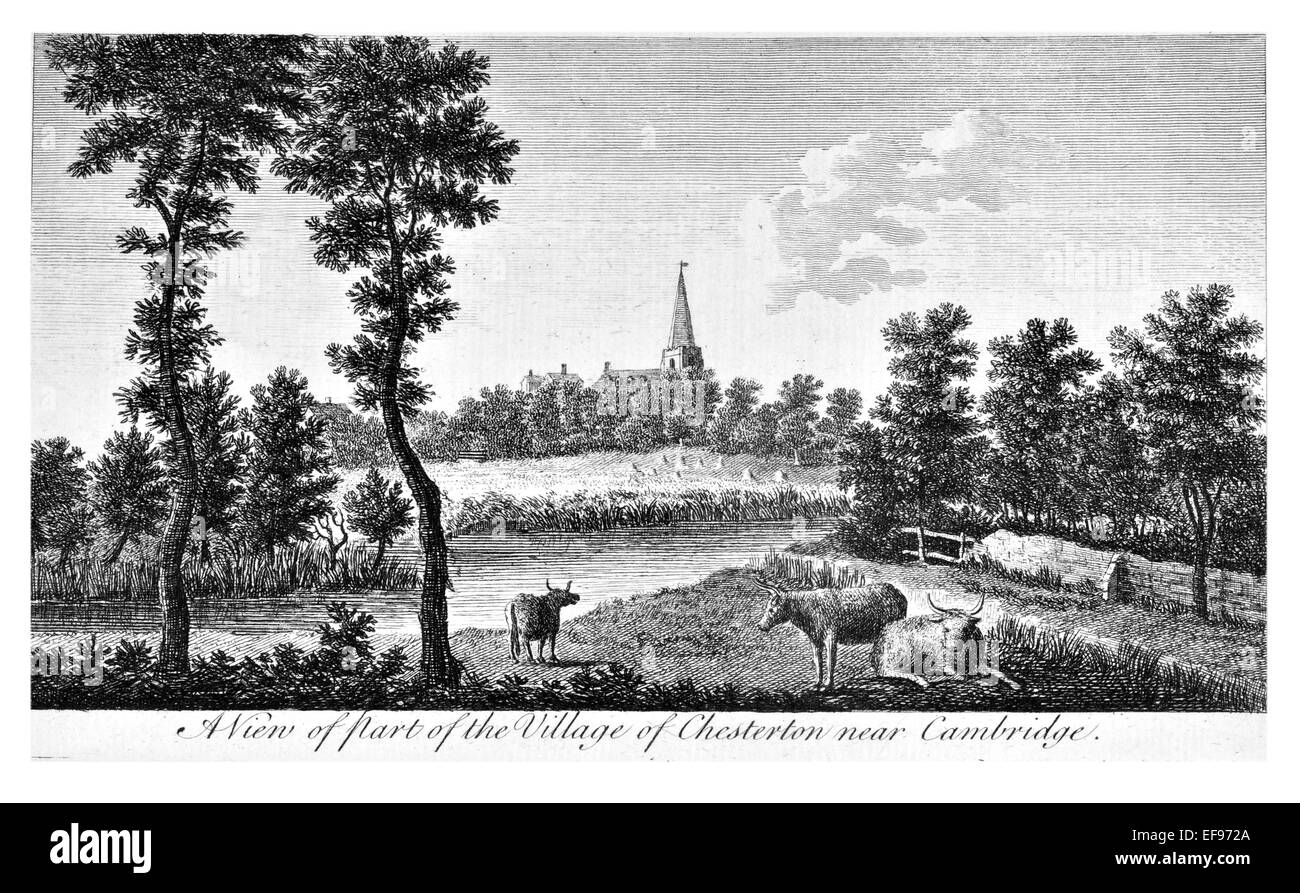 Copper engraving 1776 Landscape Beauties England Most Elegant magnificent  public Edifices. Chesterton village Cambridge Stock Photo