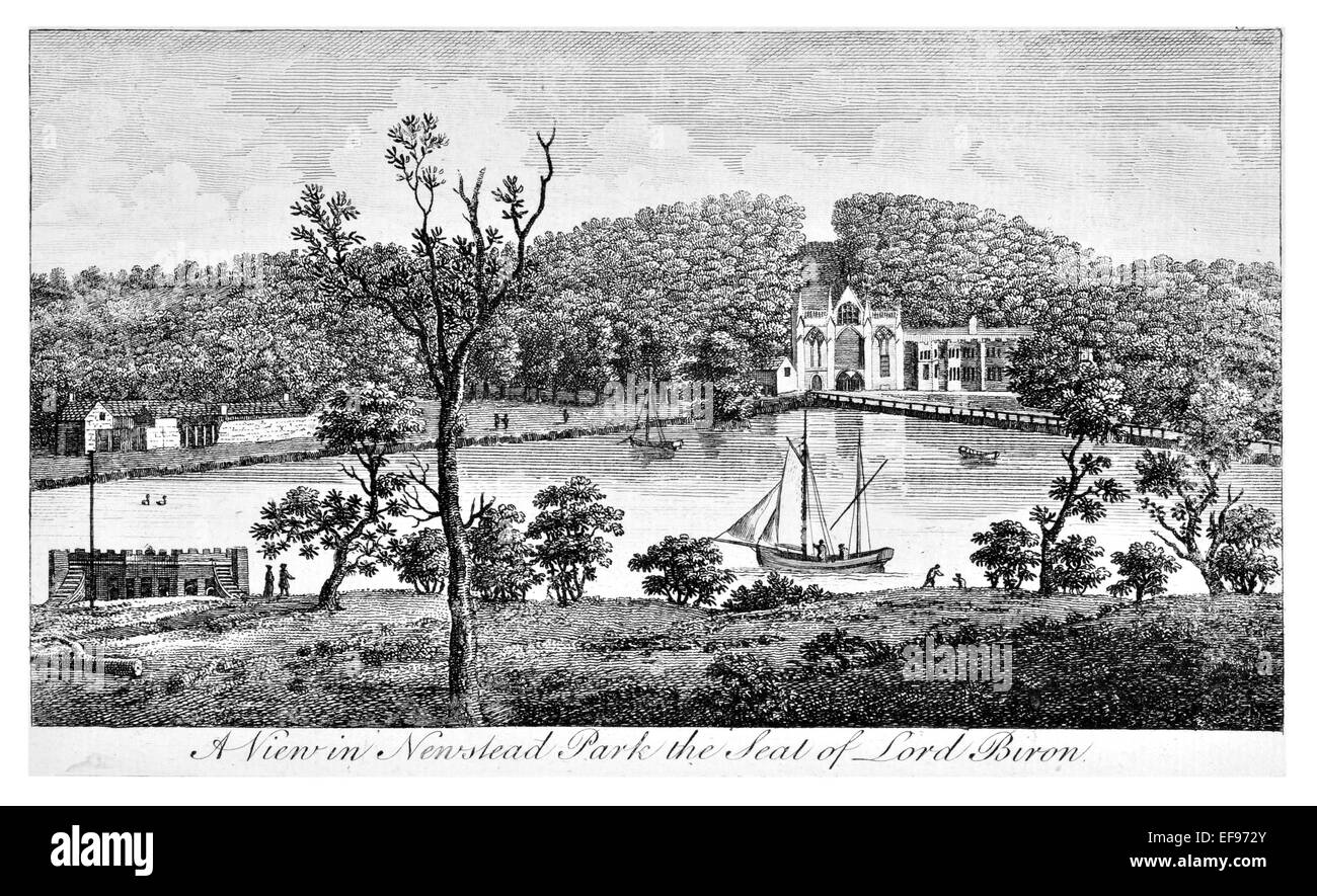 Copper engraving 1776 Landscape Beauties England Most Elegant magnificent  public Edifices. Newstead Park seat lord Biron Byron Stock Photo