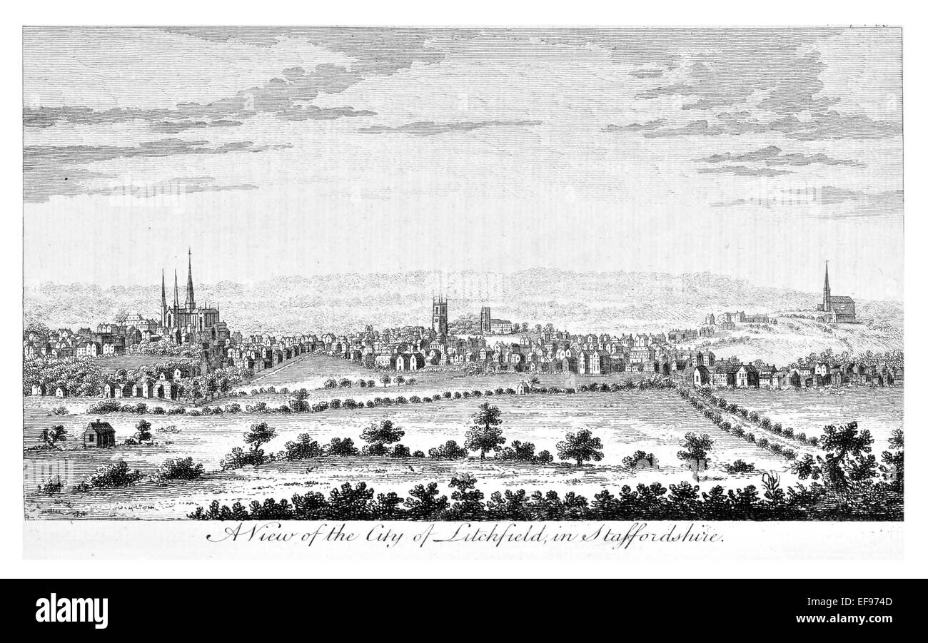 Copper engraving 1776 Landscape Beauties England Most Elegant magnificent  public Edifices Litchfield City Staffordshire Stock Photo
