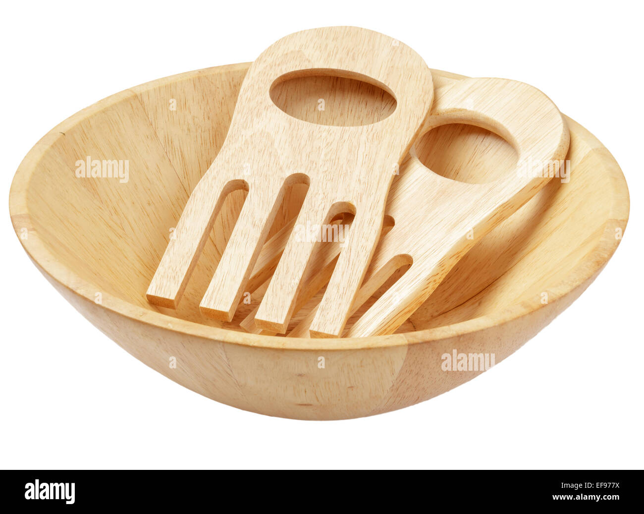 wooden serving bowl and salad servers Stock Photo