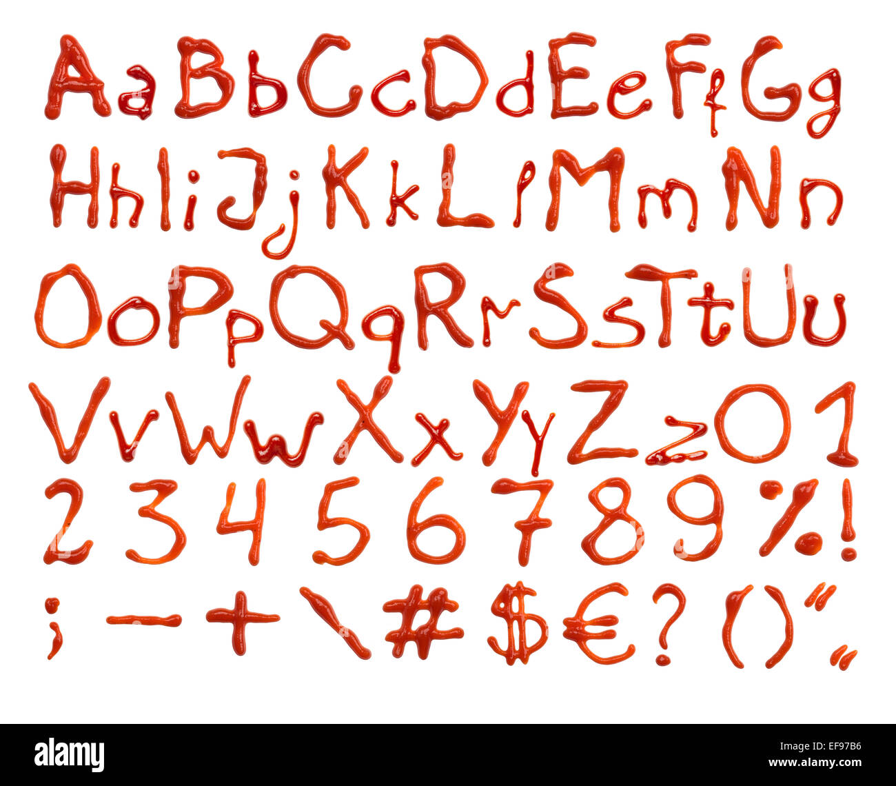 ketchup letters, numbers and signs, isolated on white background Stock