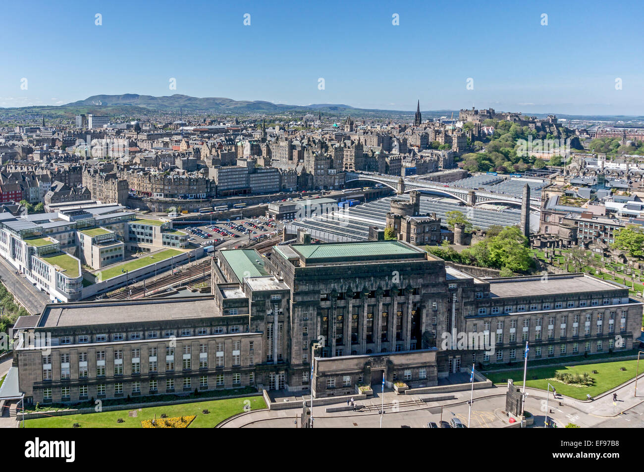 View of centre of Edinburgh from Nelson Monument on Calton Hill with St. Andrew's House front & Edinburgh City council left. Stock Photo