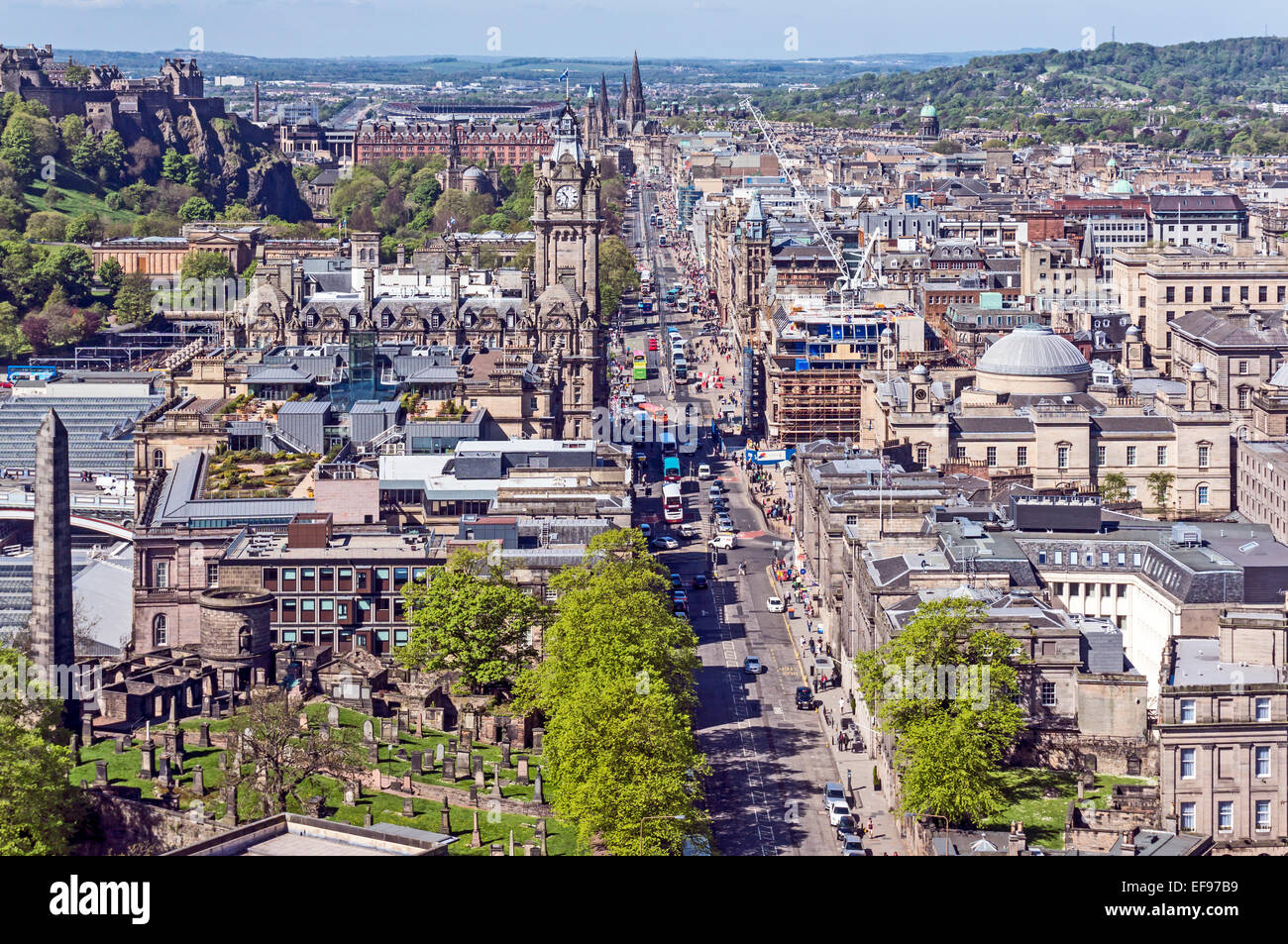 View towards Princes Street in Edinburgh Scotland from the Nelson Monument on Calton Hill Stock Photo