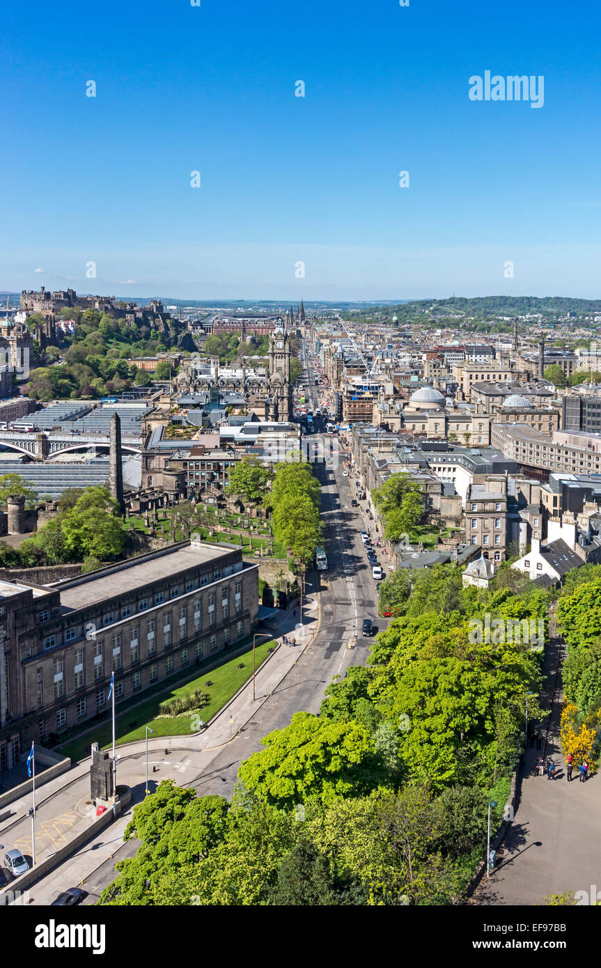 View towards Princes Street in Edinburgh Scotland from the Nelson Monument on Calton Hill Stock Photo