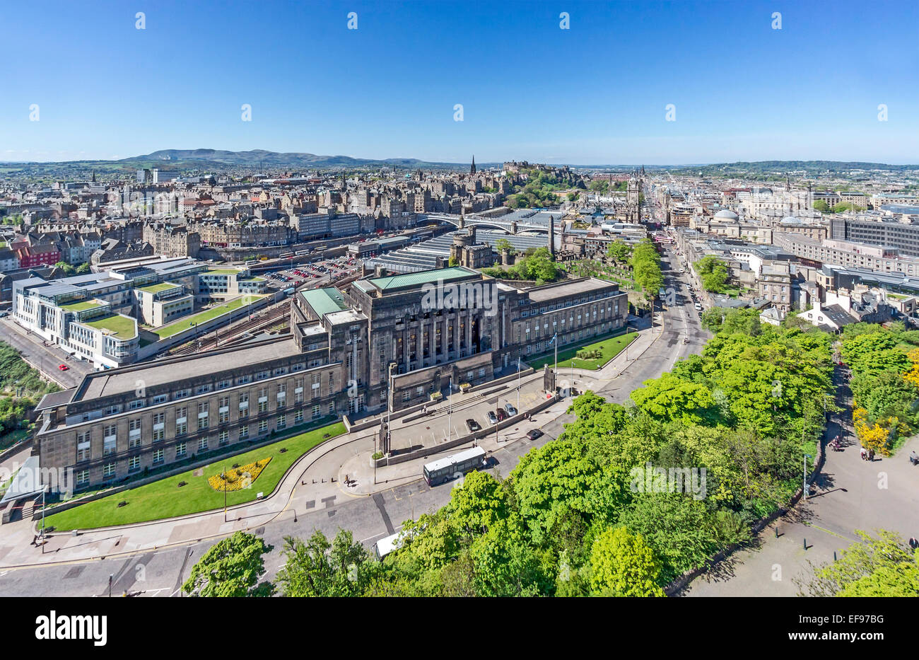 View of centre of Edinburgh from Nelson Monument on Calton Hill with St. Andrew's House front & Edinburgh City council left. Stock Photo