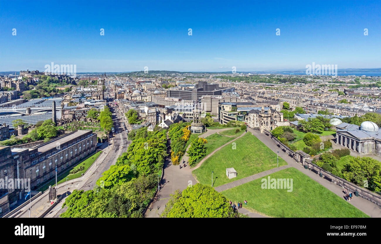 Princes Street from Calton Hill in Edinburgh with St. Andrews House left and The Old City Observatory right Stock Photo