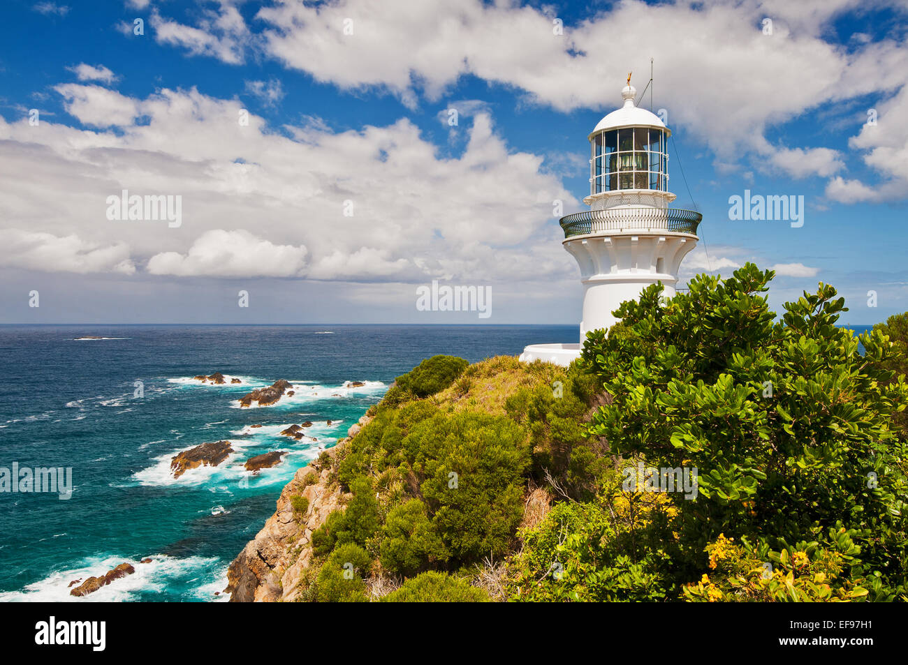 Sugarloaf Point Lighthouse at Seal Rocks. Stock Photo