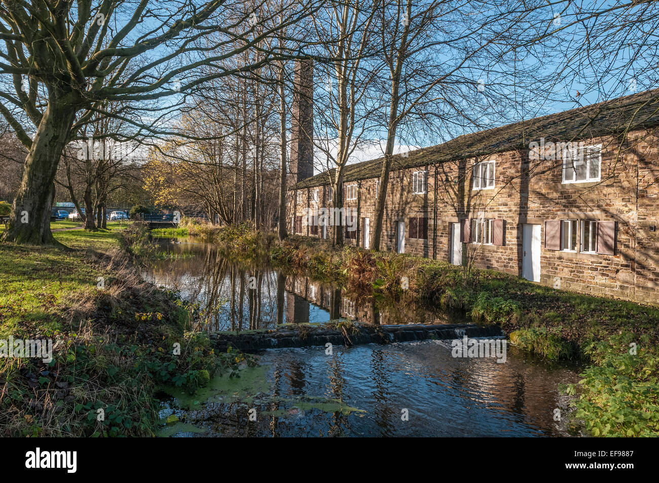 Old mill buildings used as a visitor centre at Burrs Country Park in Bury. Lancashire North West England. Irwell Sculpture Trail Stock Photo