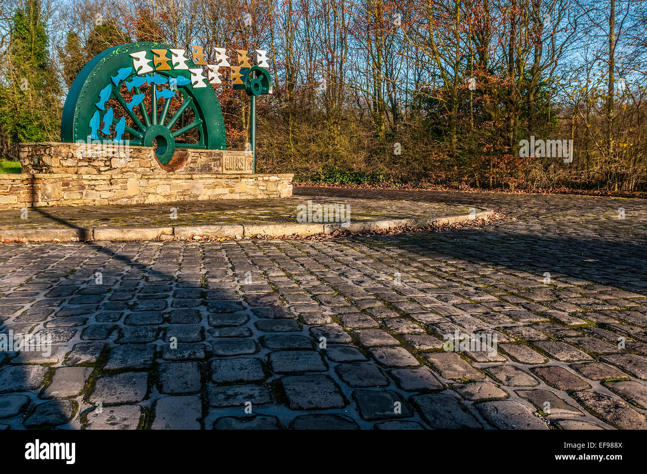 Artist David Kemp Water Wheel at the entrance to Burrs Country Park in