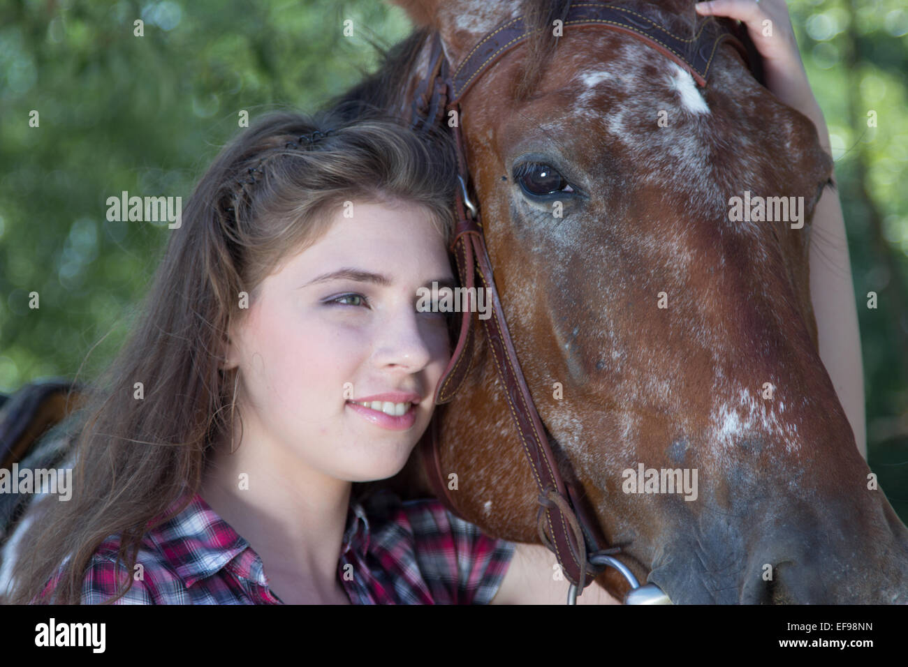 Young woman with horse, close up portrait Stock Photo - Alamy