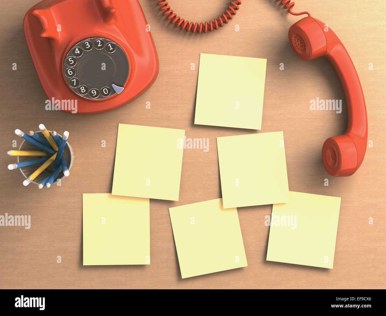 Phone off the hook with sticky notes on the table. Clipping path included on the blank notes. Stock Photo
