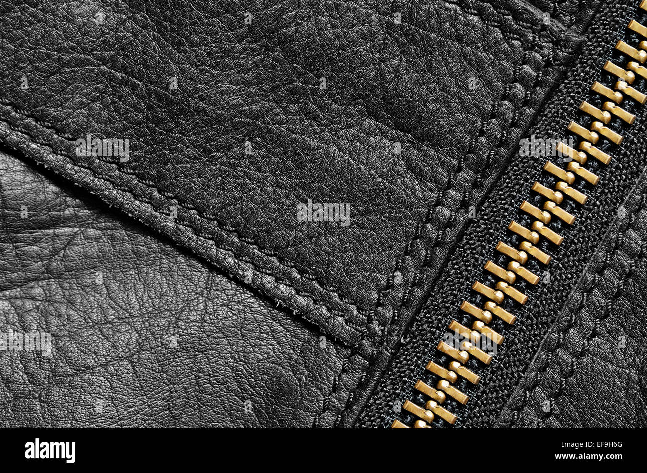 Black leather bag part with zip for background Stock Photo