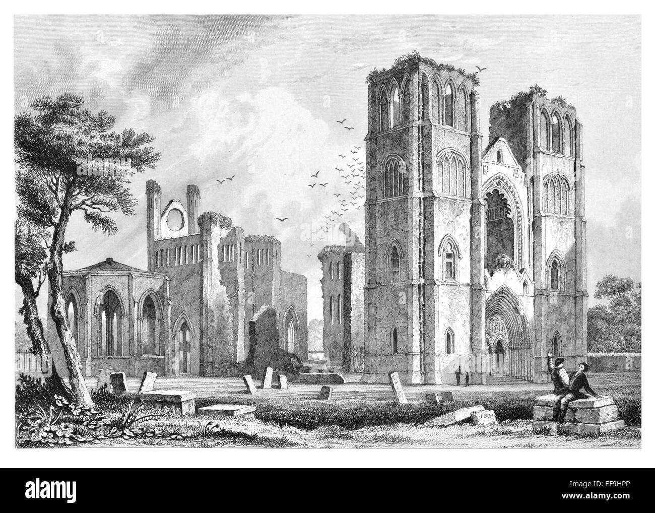 Steel Engraving 1842 From Castles and Abbeys of England Elgin Cathedral in ruins 1835 Stock Photo