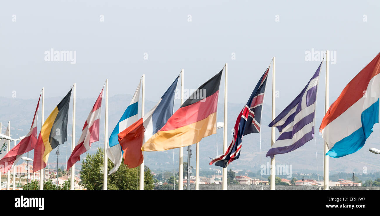 Group of flags representing the main European countries Stock Photo