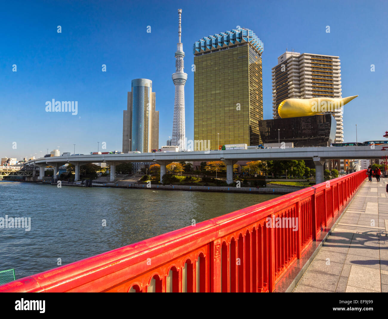 Tokyo skyline, with the Skytre and the Flamme d'or building, Japan. Stock Photo