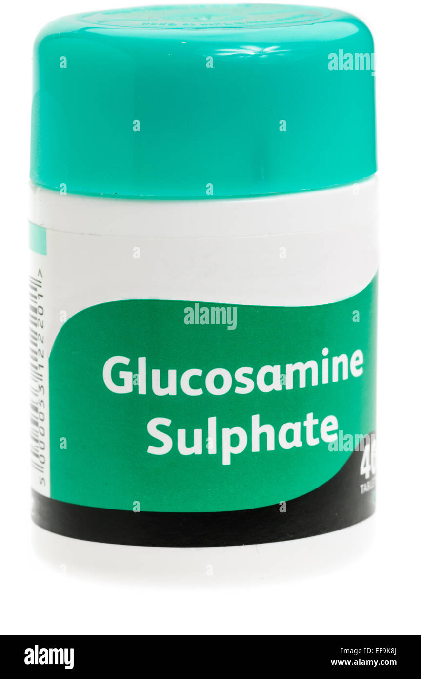 Bottle of Glucosamine Sulphate tablets, a supplement taken to relieve symptoms of arthritis. Stock Photo