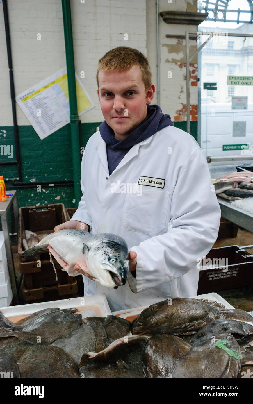 Fishmonger Def Fishmonger holding a large salmon Stock Photo - Alamy