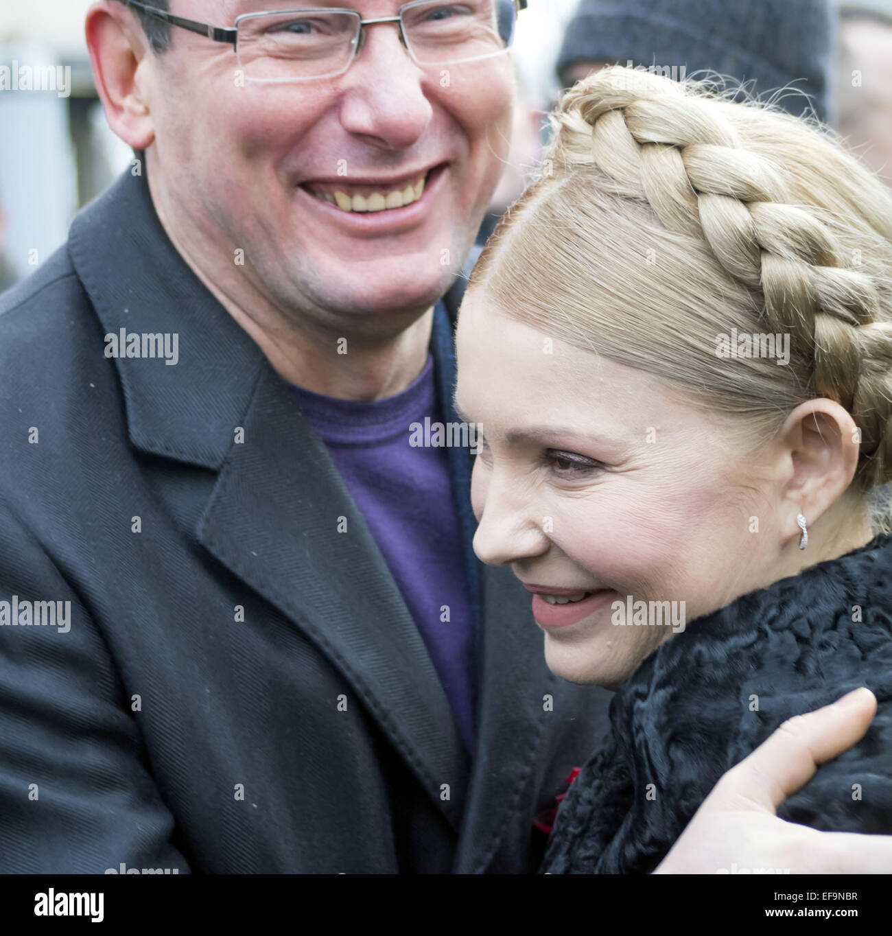 Leaders of political parties Block Yuriy Lutsenko Poroshenko welcomes Yulia Tymoshenko. 29th Jan, 2015. -- Ukrainian politicinas, January 29, 2015, attended the ceremony Kruty Heroes, young guys who on this day in 1918 near the station Kruty in Chernihiv region entered into an unequal battle with the Bolsheviks and died a heroic death for the Ukrainian People's Republic. © Igor Golovniov/ZUMA Wire/Alamy Live News Stock Photo
