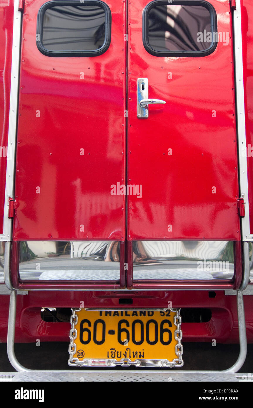 Vertical close up of the back of a tuk-tuk in Chiang Mai. Stock Photo