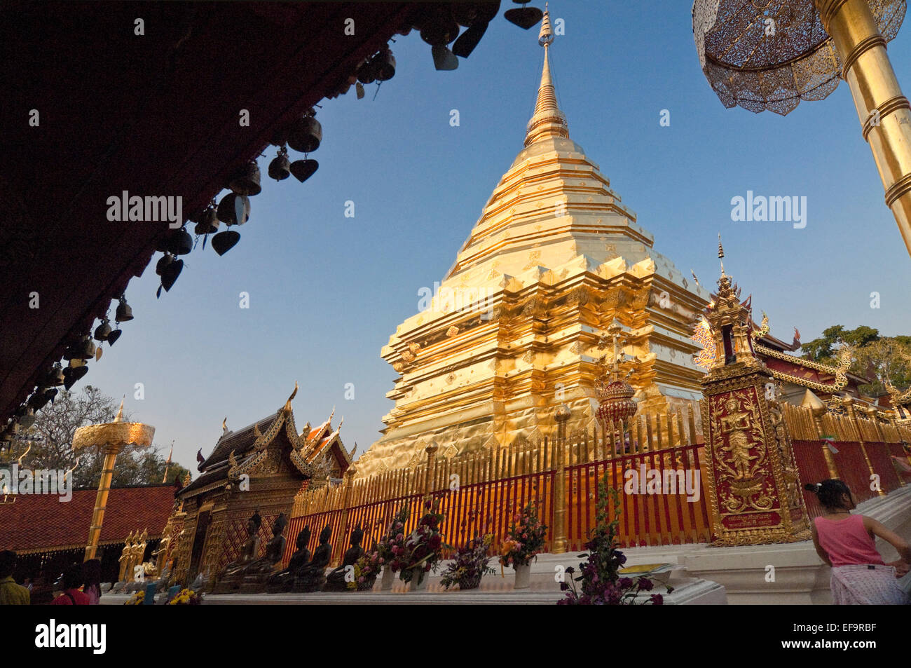 Horizontal view of the golden chedi at Wat Doi Suthep in Chiang Mai. Stock Photo