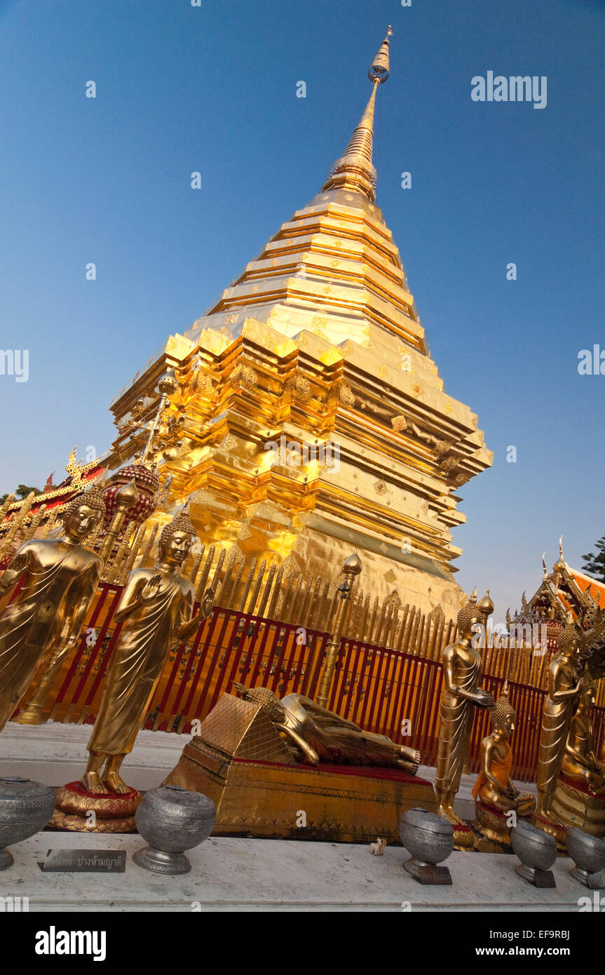 Vertical view of the golden chedi at Wat Doi Suthep in Chiang Mai. Stock Photo