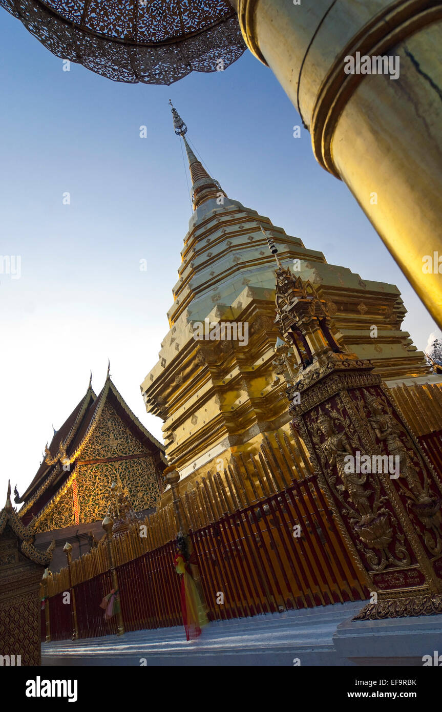 Vertical view of the golden chedi at Wat Doi Suthep in Chiang Mai. Stock Photo