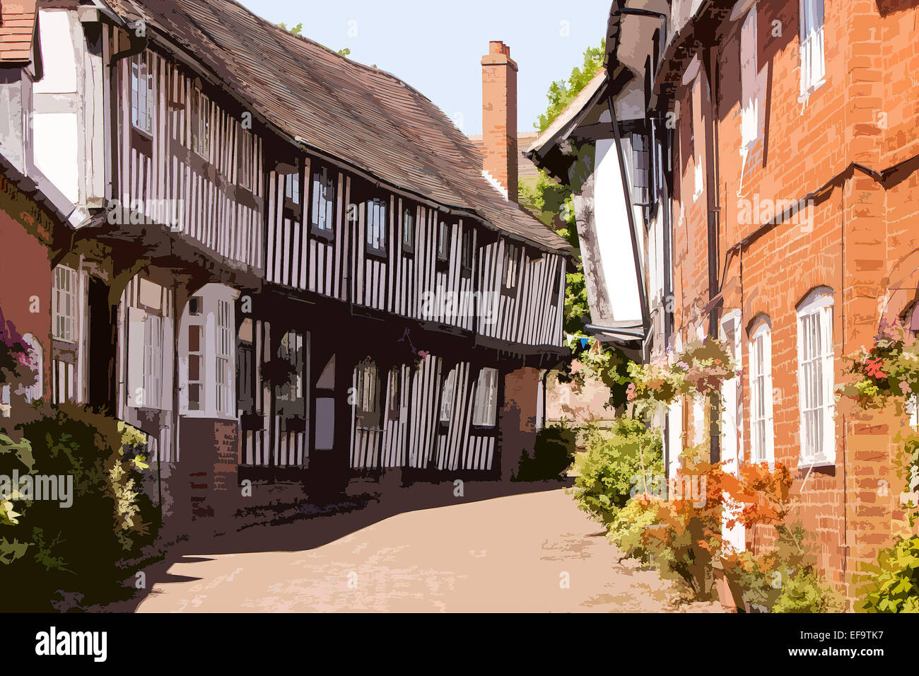 A poster style interpretation of timber framed building in Malt Mill Lane, Alcester, Warwickshire, England, UK Stock Photo