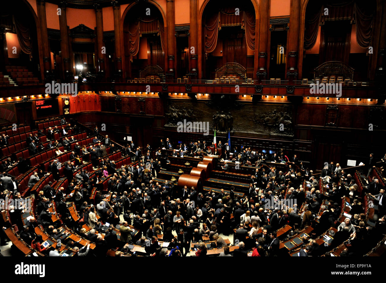 Rome. 29th Jan, 2015. Photo taken on Jan. 29, 2015 shows a general view of the voting in Italian Parliament in Rome, Italy. Italian parliament gathered in joint session of both Houses on Thursday for the first round of voting to elect the new president, after 89-year-old Giorgio Napolitano resigned on January 14th. © Xu Nizhi/Xinhua/Alamy Live News Stock Photo