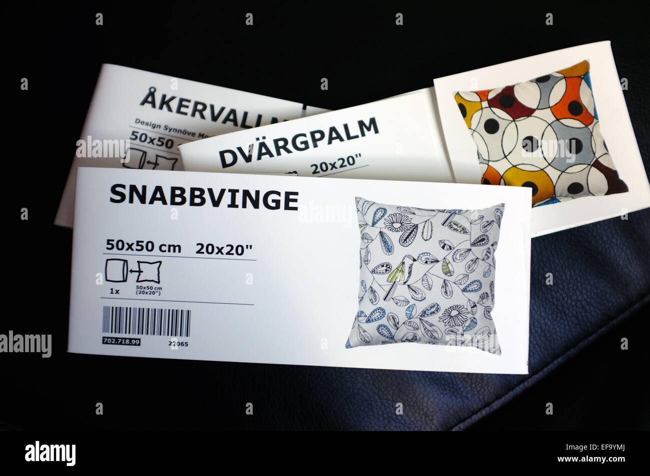 A set of 3 Ikea cushion labels against a dark background Stock Photo - Alamy
