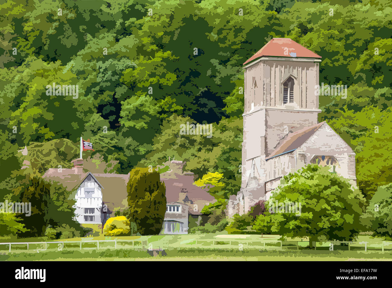 A poster style interpretation of Little Malvern Priory, Little Malvern, Worcestershire, England, UK Stock Photo