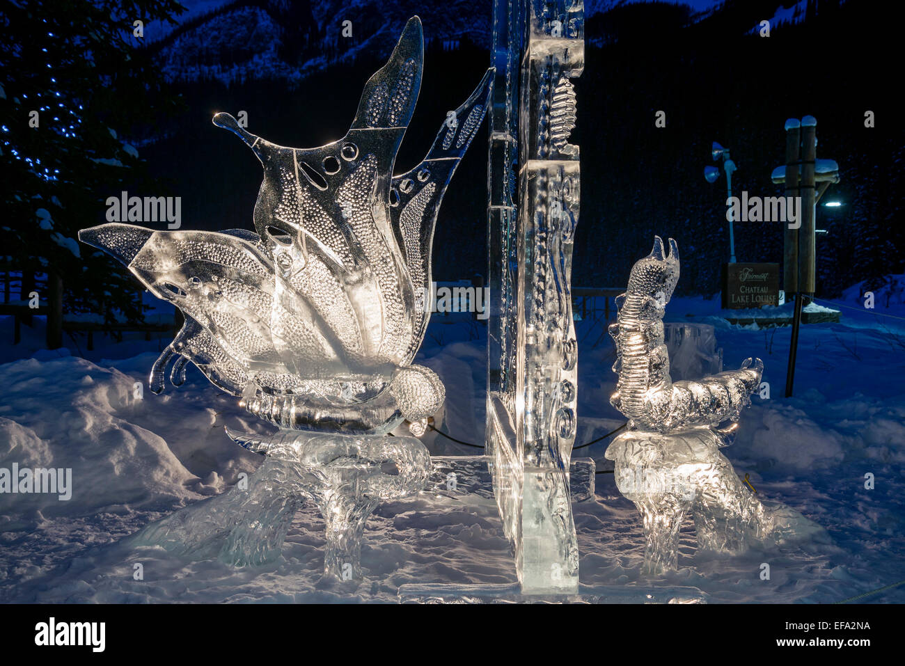 Ice sculpture, Self Esteem, Ice Magic Festival, Lake Louise, Banff National Park, Alberta, Canada Stock Photo