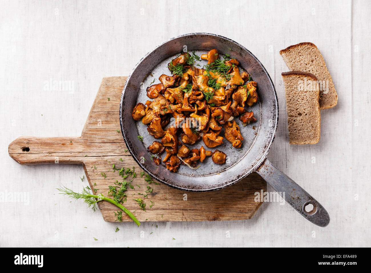 Roasted wild forest  mushrooms in pan on white textured background Stock Photo
