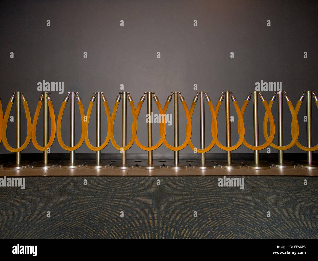 Stored coiled velvet ropes form a pattern in a New York City movie ...