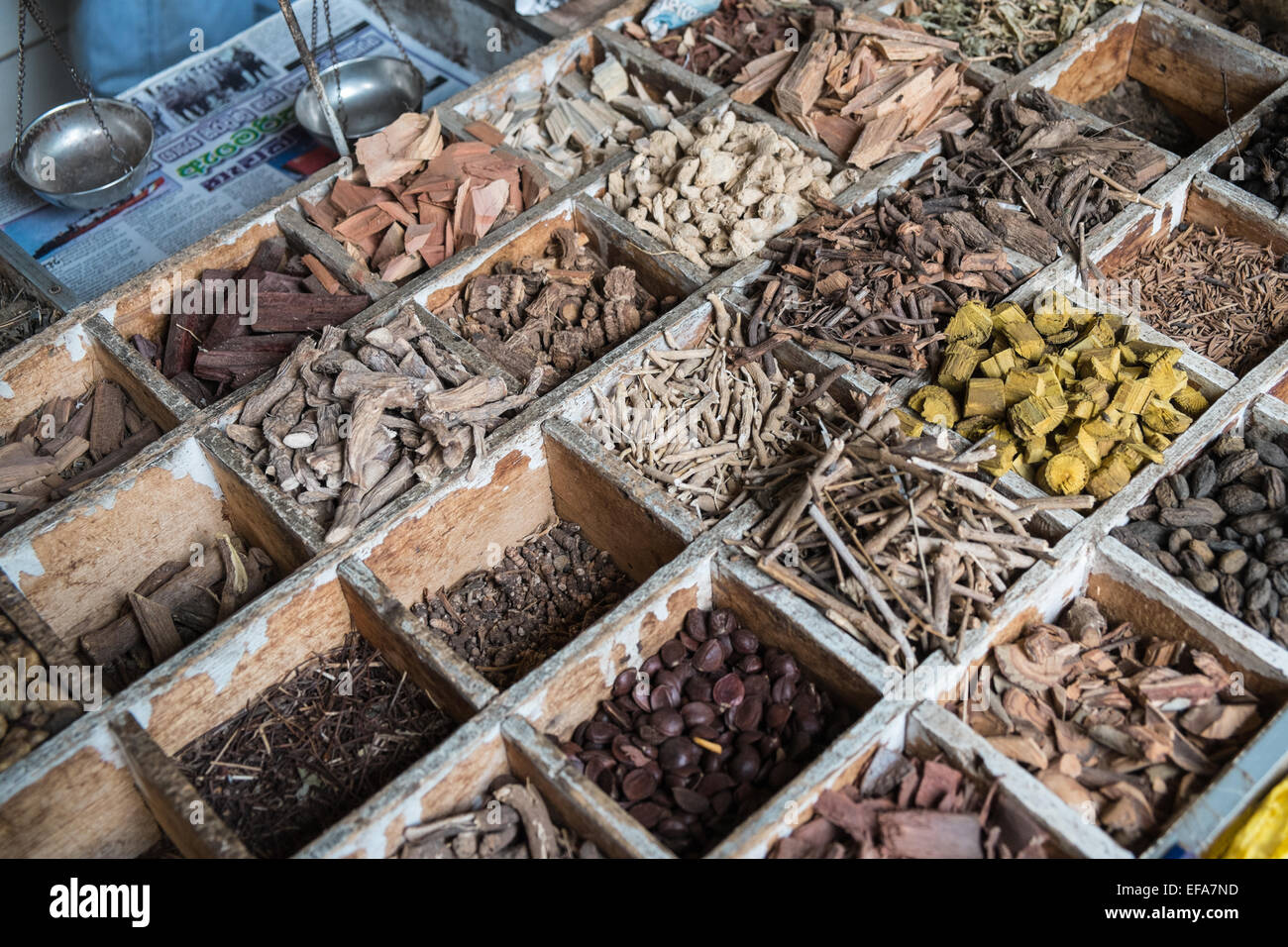 Shop selling selection of herbs,herbal products and spices at ayurvedic