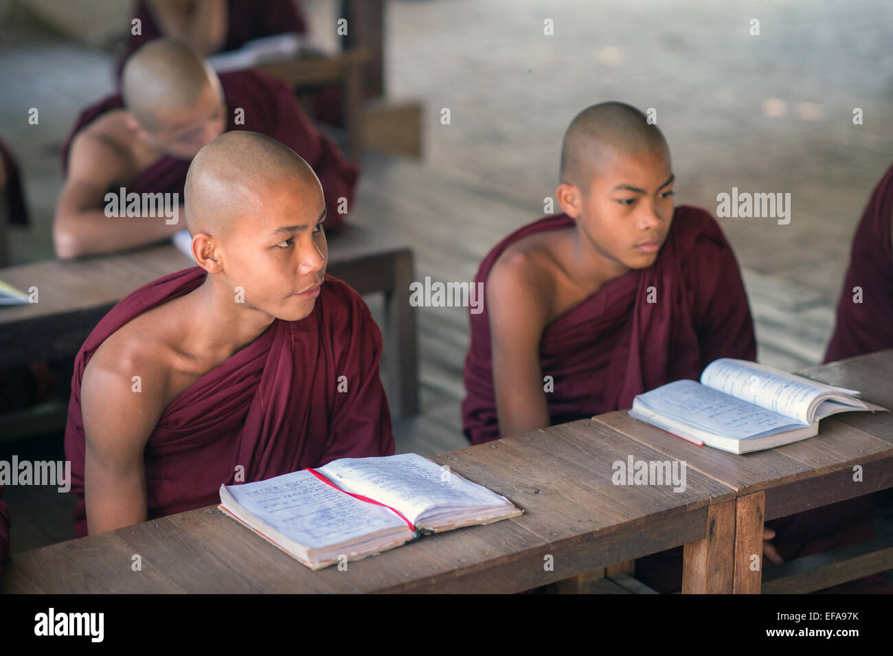 Young Burmese novice monks study books in a monastery in Bagan. Stock Photo