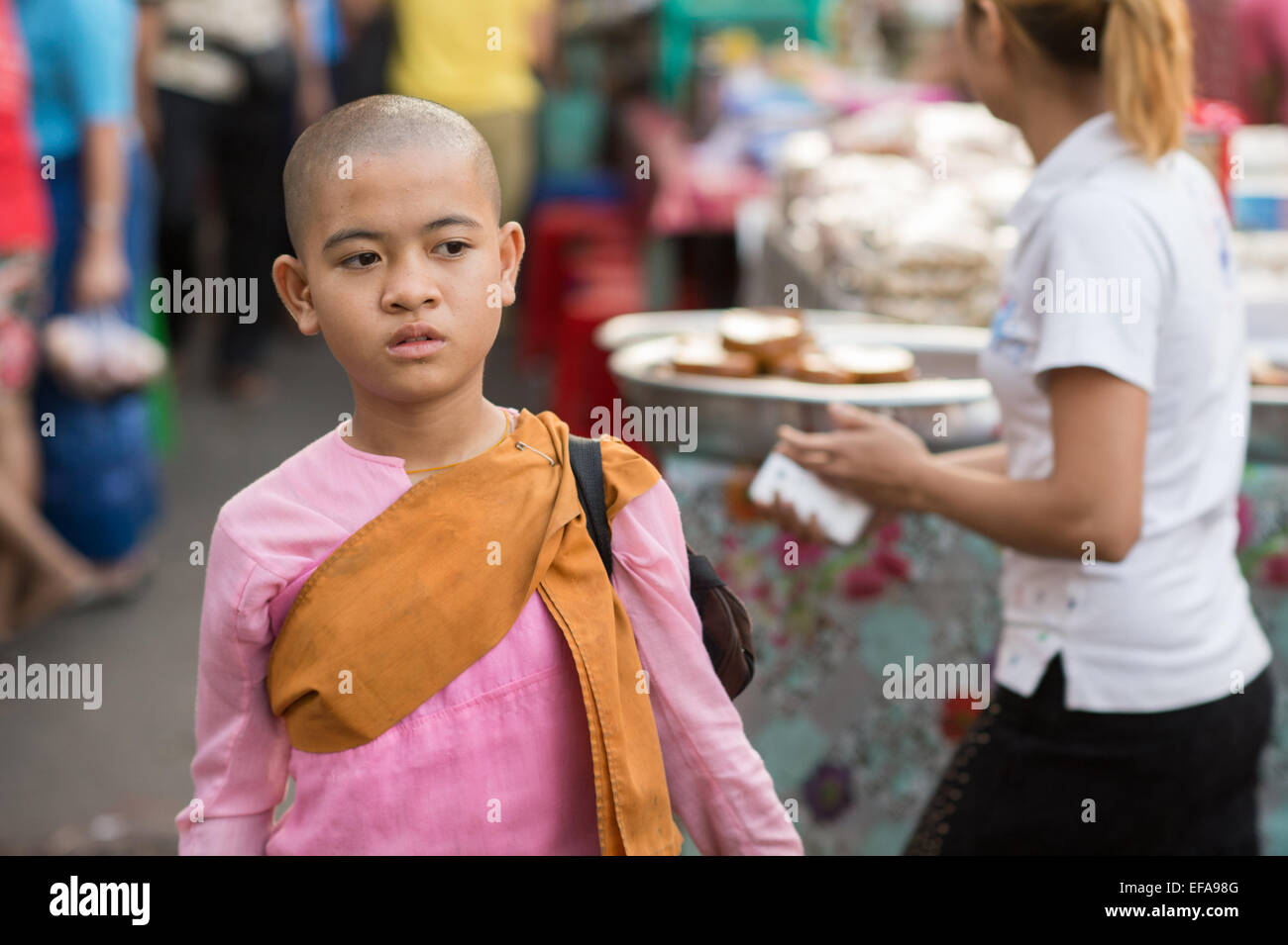 Burmese Buddhist nun in Yangon. Burmese Buddhist nuns are called