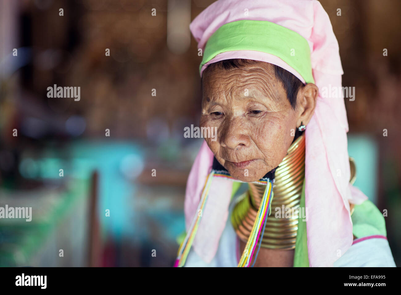 Portrait of a long neck Kayan woman. Brass coils creating long necks is a tradition of the Kayan Lahwi women. Stock Photo