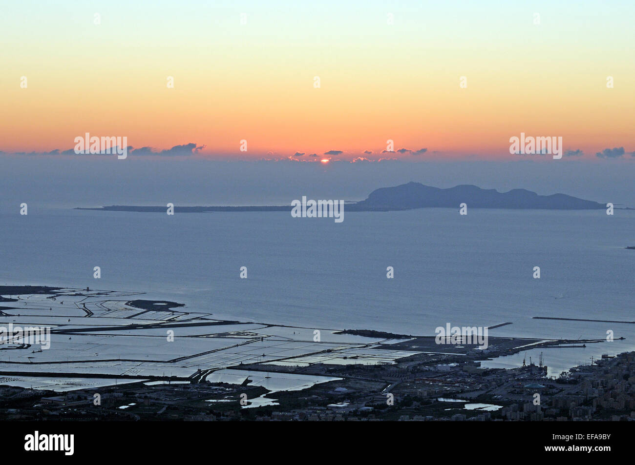 Sunset on Trapani town and Favignana island, Sicily Stock Photo