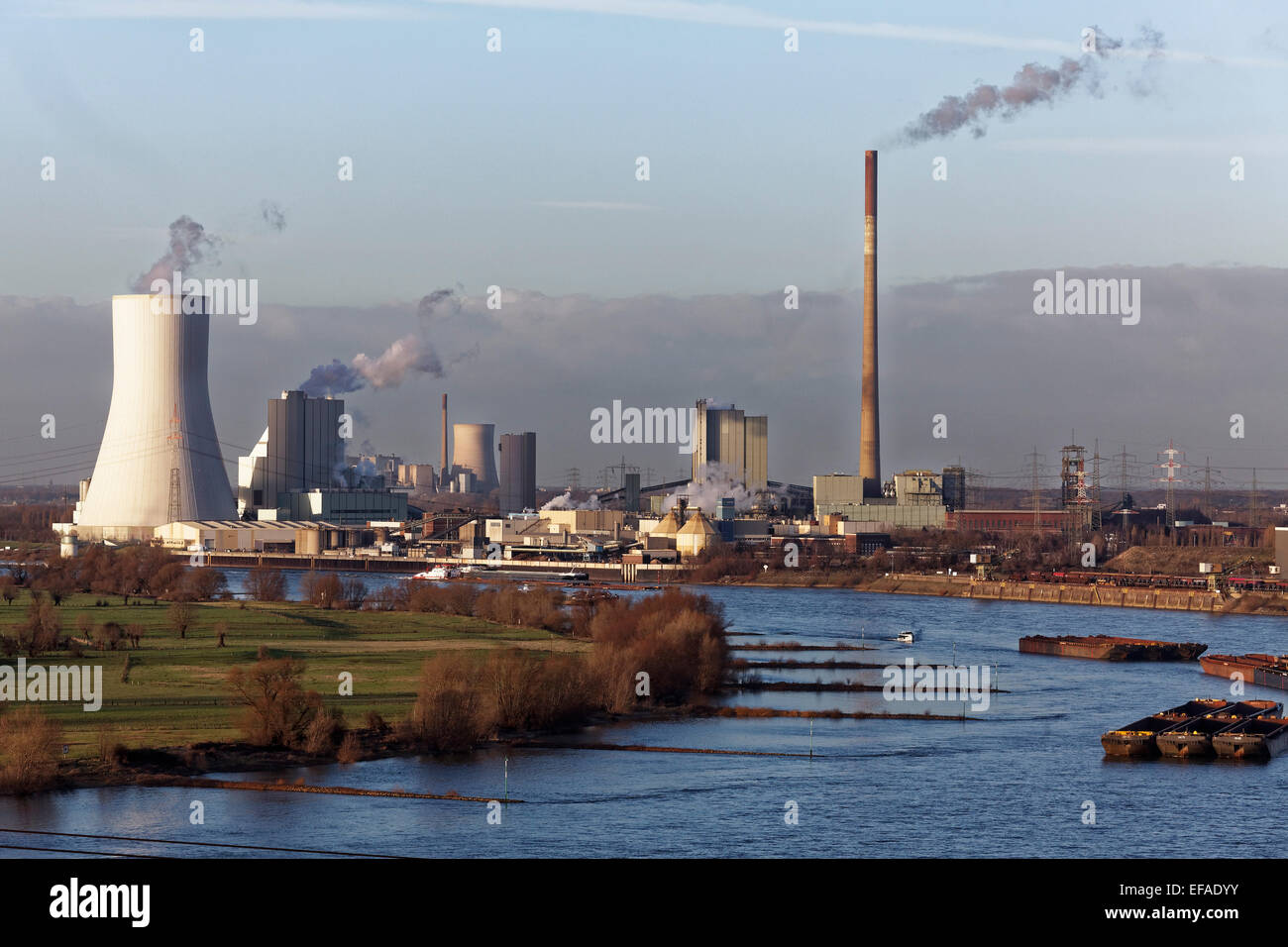 Walsum Power Plant and Voerde Power Plant on the Rhine, Duisburg, North Rhine-Westphalia, Germany Stock Photo