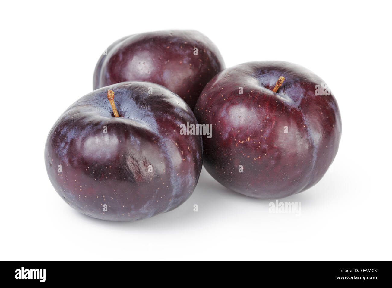 three ripe black plums isolated Stock Photo Alamy