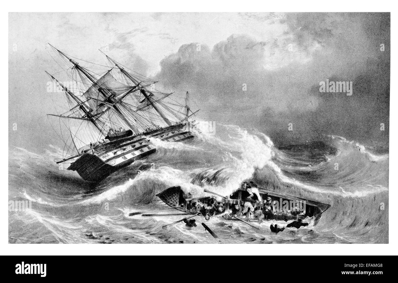 L'Algesiras 80 Gun built Lorient 1823 scrapped 1837. Pictured attempted rescue of man overboard all were lost Stock Photo