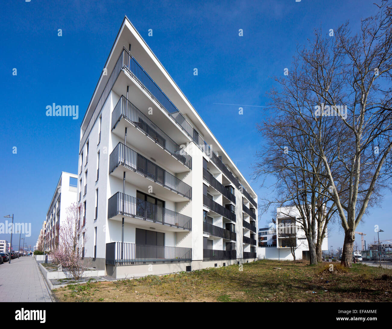 Block of flats with balconies, modern architecture in the Bauhaus style, Riedenberg, Frankfurt