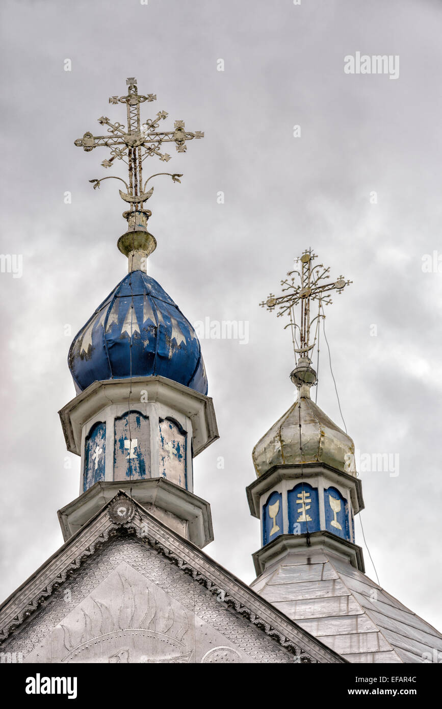 Towers at Holy Trinity Greek Catholic Church in village of Yavoriv, near Kosiv, Carpathian Mountains, Hutsul Region, Ukraine Stock Photo