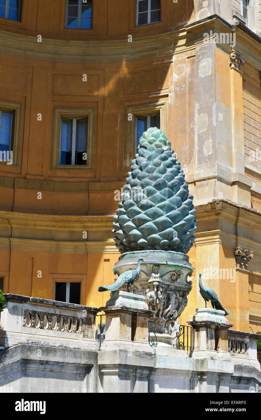 Two peacocks and a pineapple sculptures in the Vatican Museum garden, Vatican City, Rome, Italy. Stock Photo