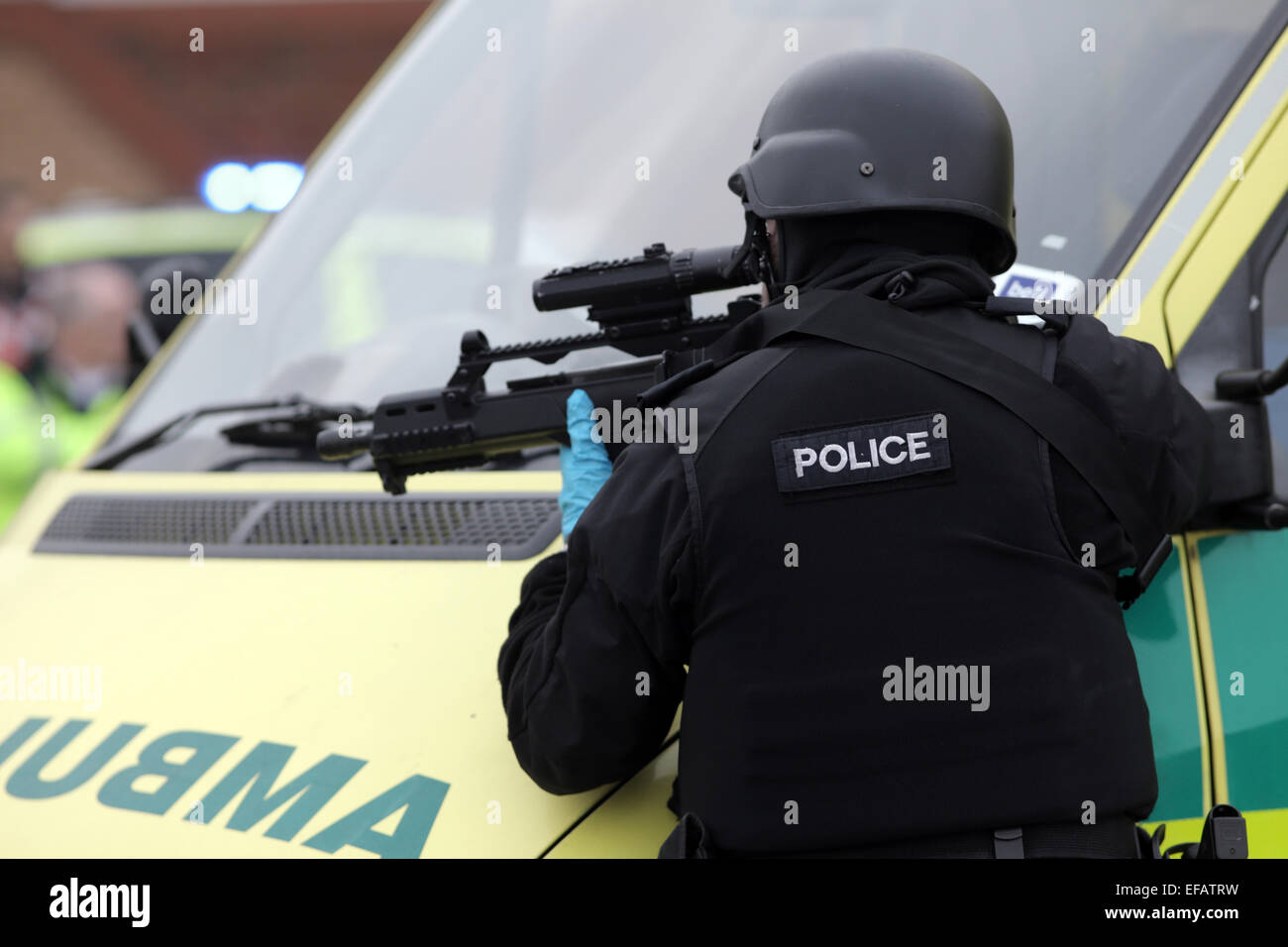 An armed police officer on a training exercise in Cleveland, UK. Stock Photo
