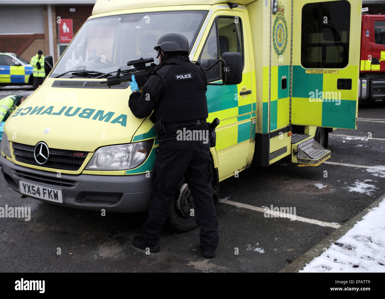 An armed police officers on a training exercise in Cleveland, UK. Stock Photo